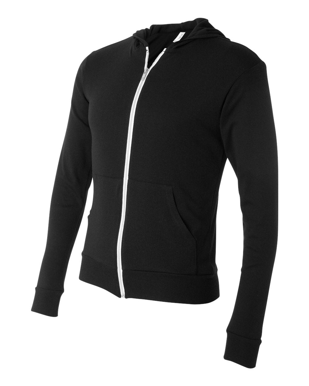 Solid Black Triblend Color Triblend Lightweight Full-Zip Hooded Long Sleeve Tee