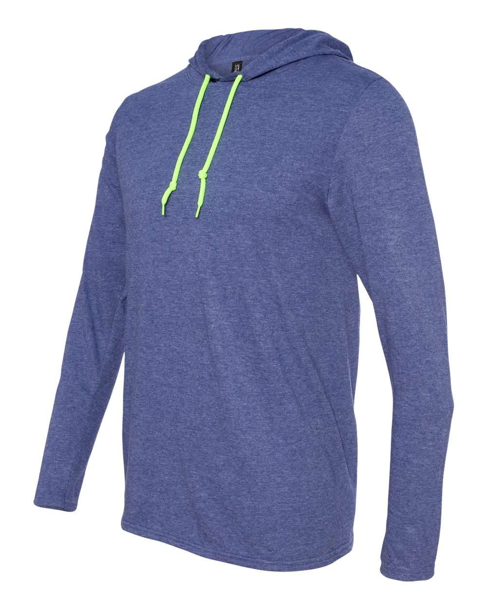 Gildan Softstyle® Lightweight Hooded Long Sleeve T-Shirt 987 #color_Heather Blue/ Neon Yellow