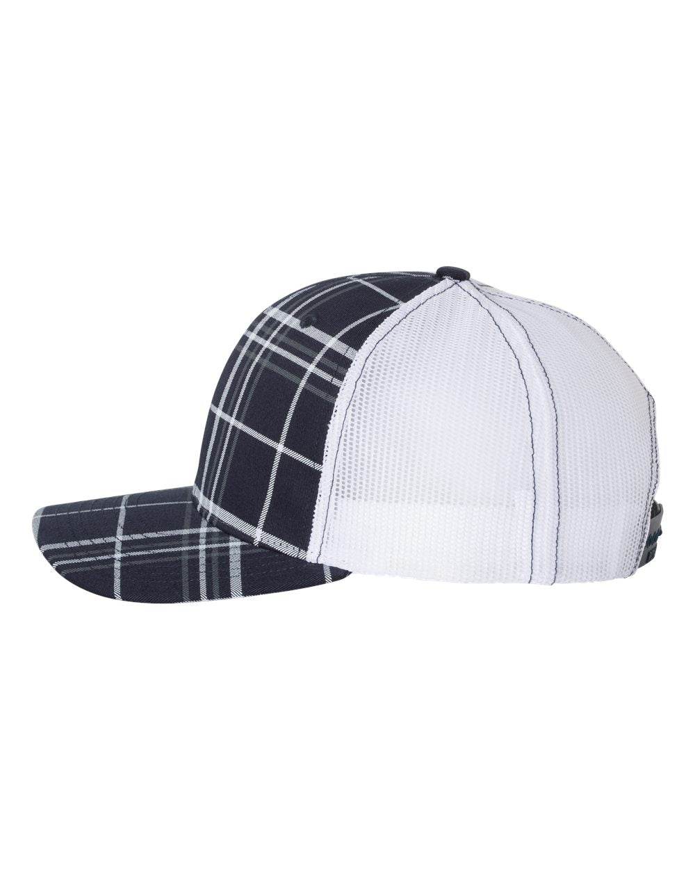 Plaid Print Navy, Charcoal and White Color Patterned Snapback Trucker Cap Side View
