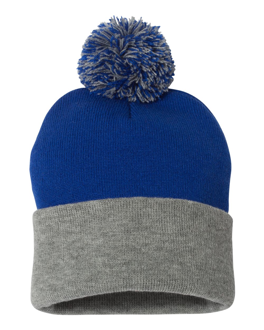 Royal and Heather Grey Color Pom-Pom 12" Knit Beanie
