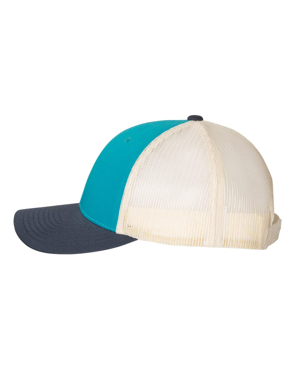 Blue Teal and Birch, Navy Color Richardson Low Pro Trucker Cap Side View