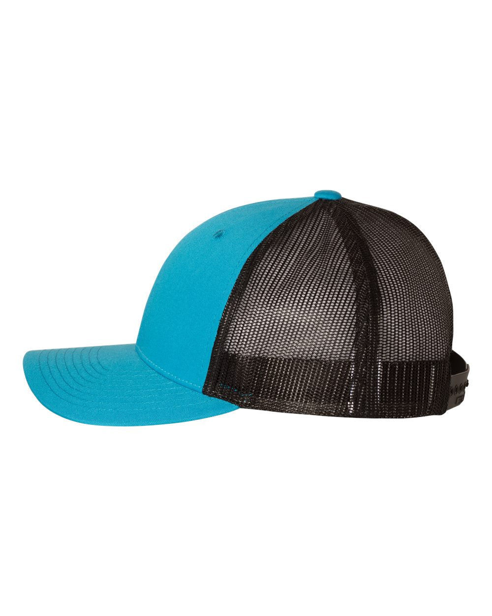 Cyan and Black Color Richardson Low Pro Trucker Cap Side View