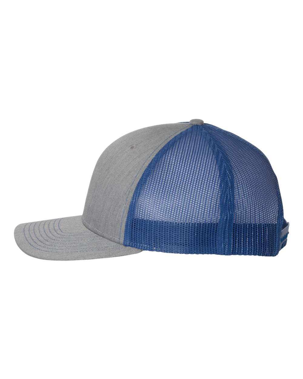 Heather Grey and Royal Adjustable Snapback Trucker Cap Side View