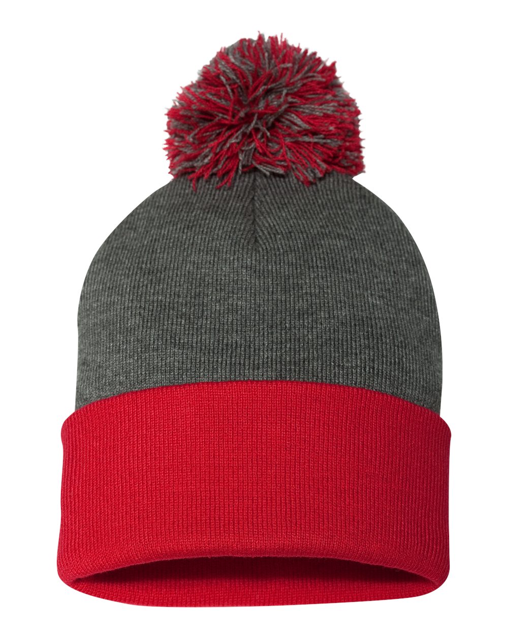Dark Heather Grey and Red Color Pom-Pom 12" Knit Beanie