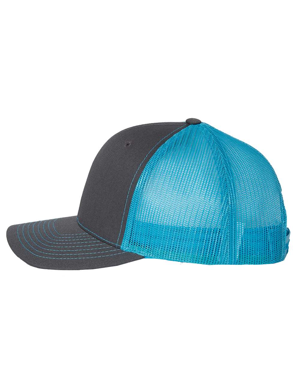 Richardson Adjustable Snapback Trucker Cap 112 Charcoal and Neon Blue Color Adjustable Snapback Trucker Cap Side View