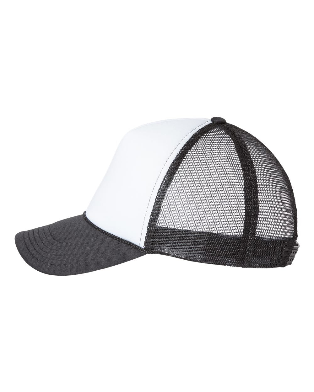 White and Black Color Mesh-Back Trucker Cap Side View