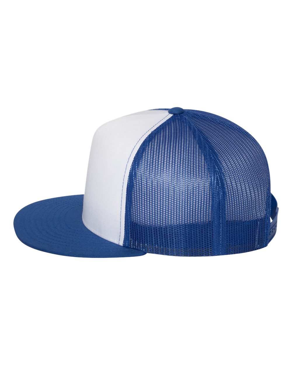 Royal, White and Royal Color Flat Bill Trucker Cap Side View
