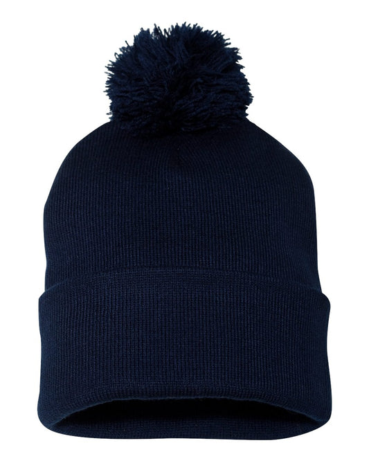 Navy Color Pom-Pom 12" Knit Beanie