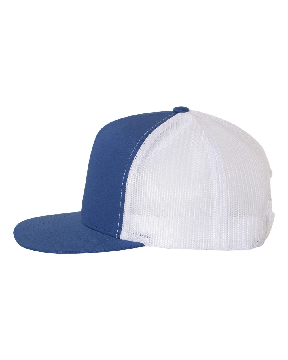Royal and White Color Flat Bill Trucker Cap Side View