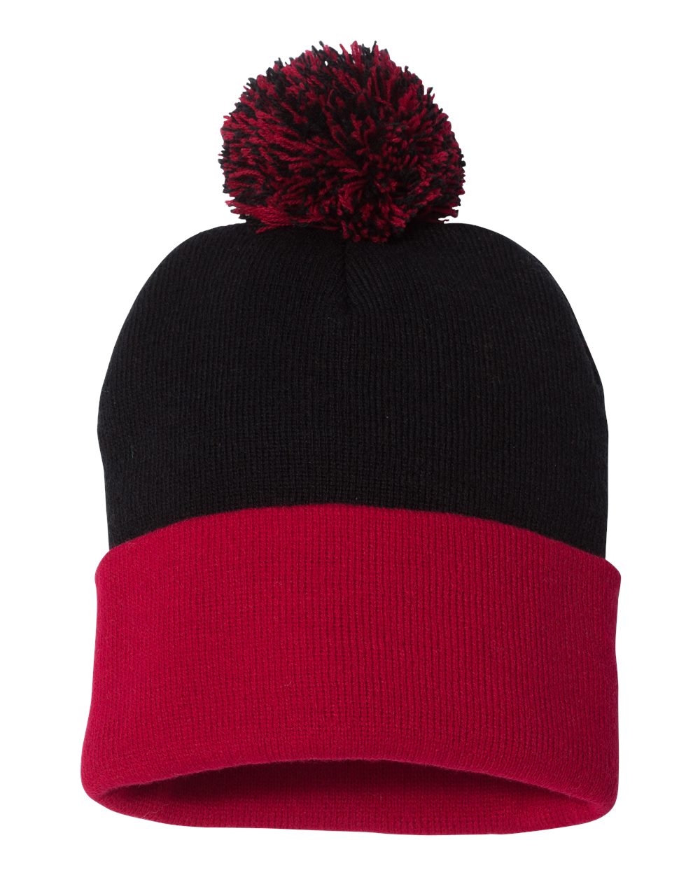 Black and Red Color Pom-Pom 12" Knit Beanie