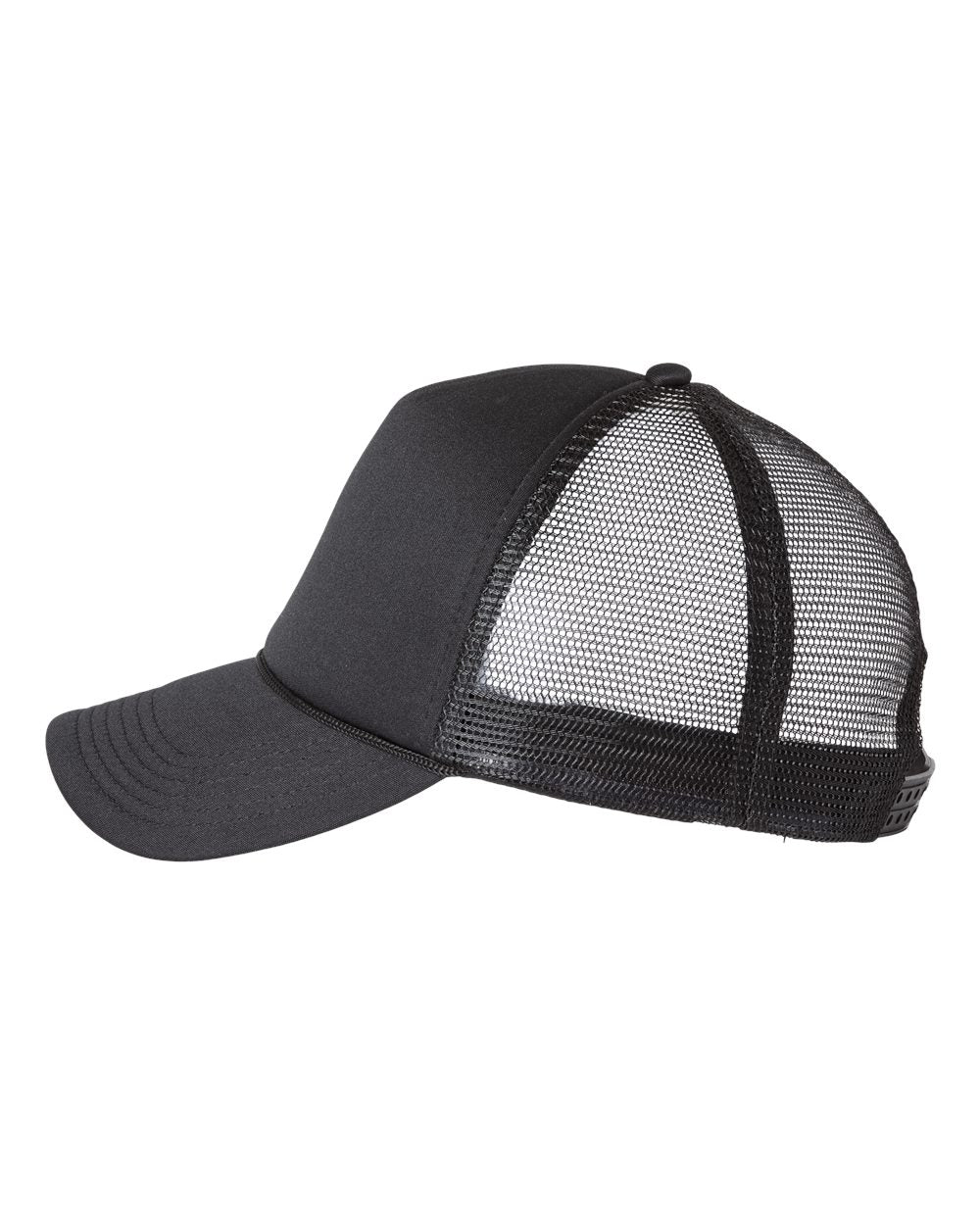 Black and Black Color Mesh-Back Trucker Cap Side View