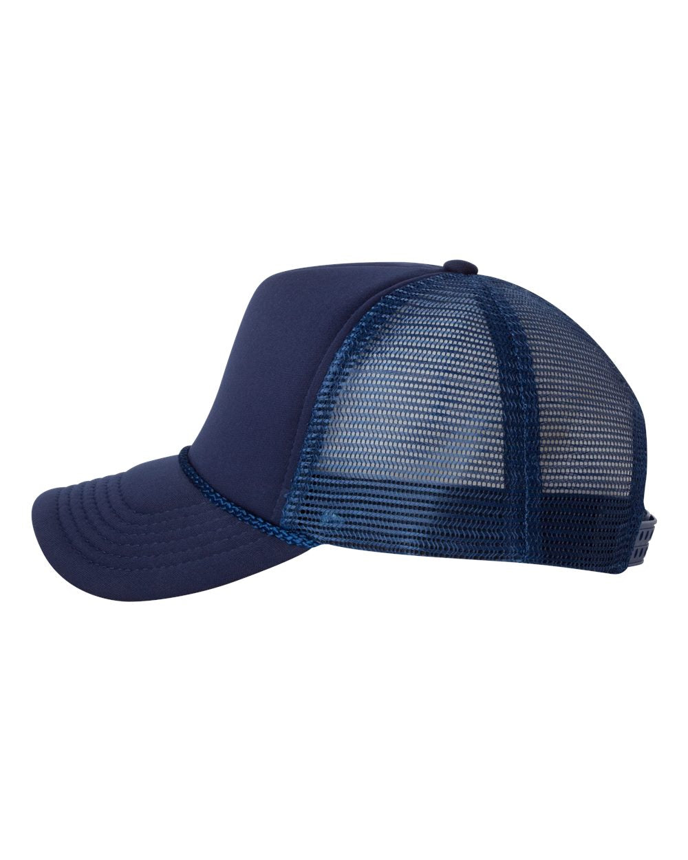 Navy and Navy Color Mesh-Back Trucker Cap Side View