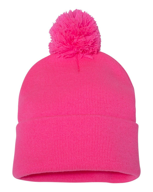 Neon Pink Color Pom-Pom 12" Knit Beanie