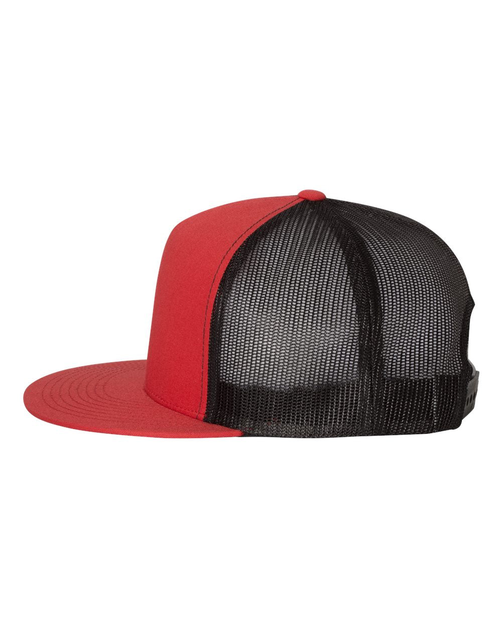 Red and Black Color Flat Bill Trucker Cap Side View
