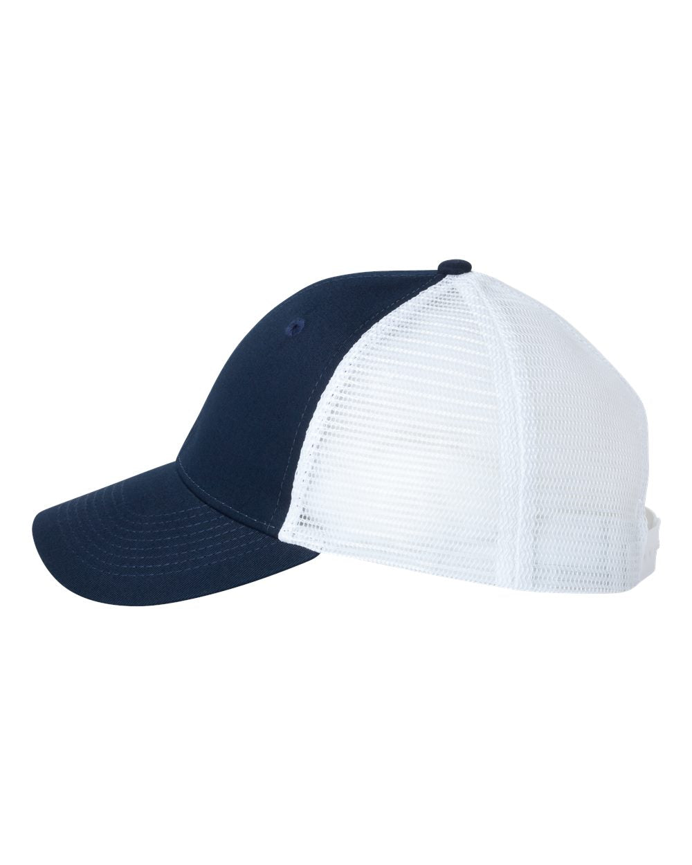Navy and White Color Valucap Mesh-Back Trucker Cap Side View