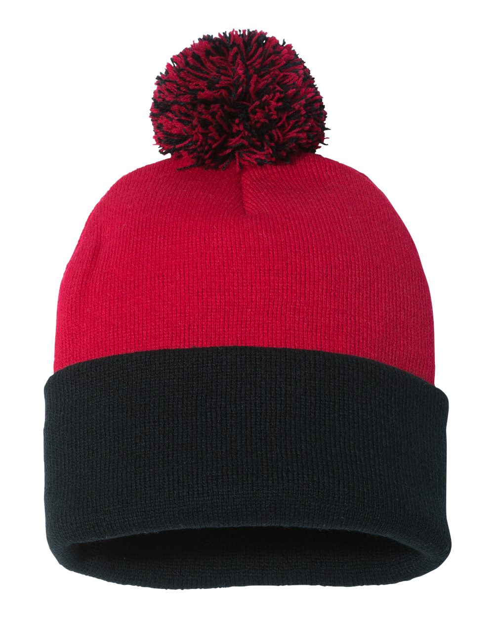 Red and Black Color Pom-Pom 12" Knit Beanie