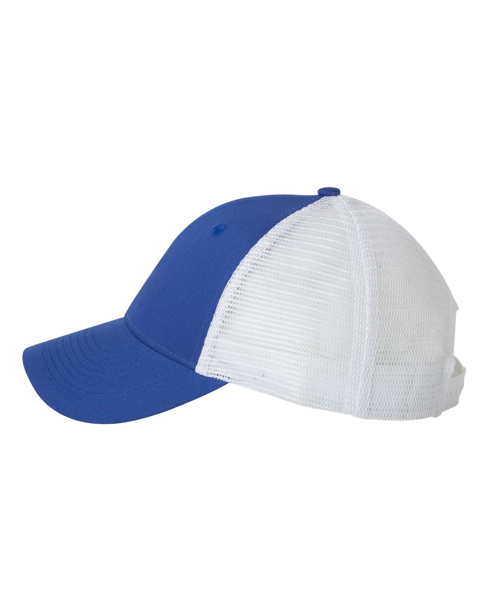 Royal and White Color Valucap Mesh-Back Trucker Cap Side View