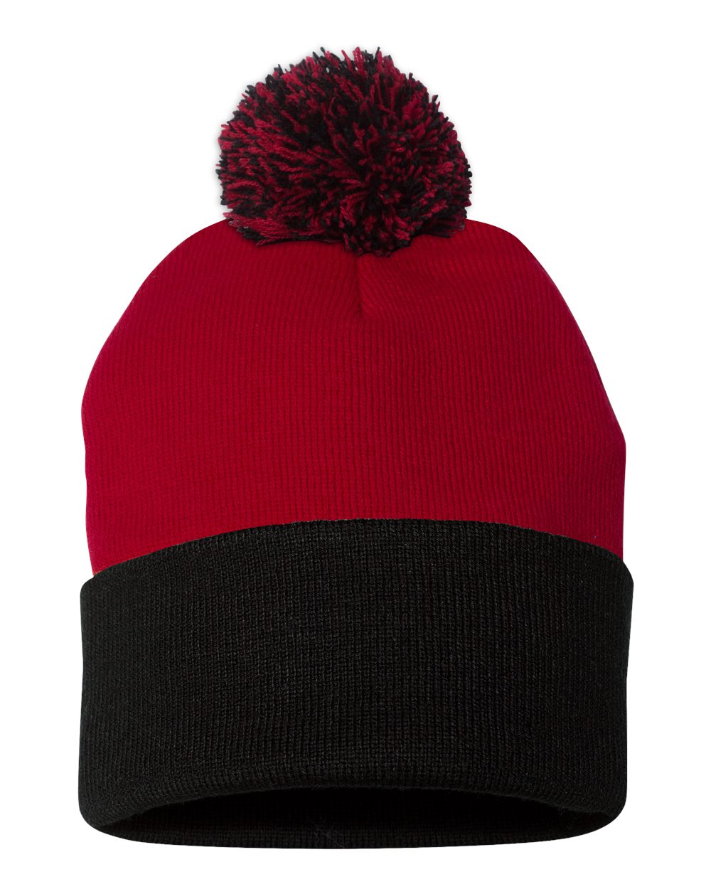 Red and Black Color Pom-Pom 12" Knit Beanie