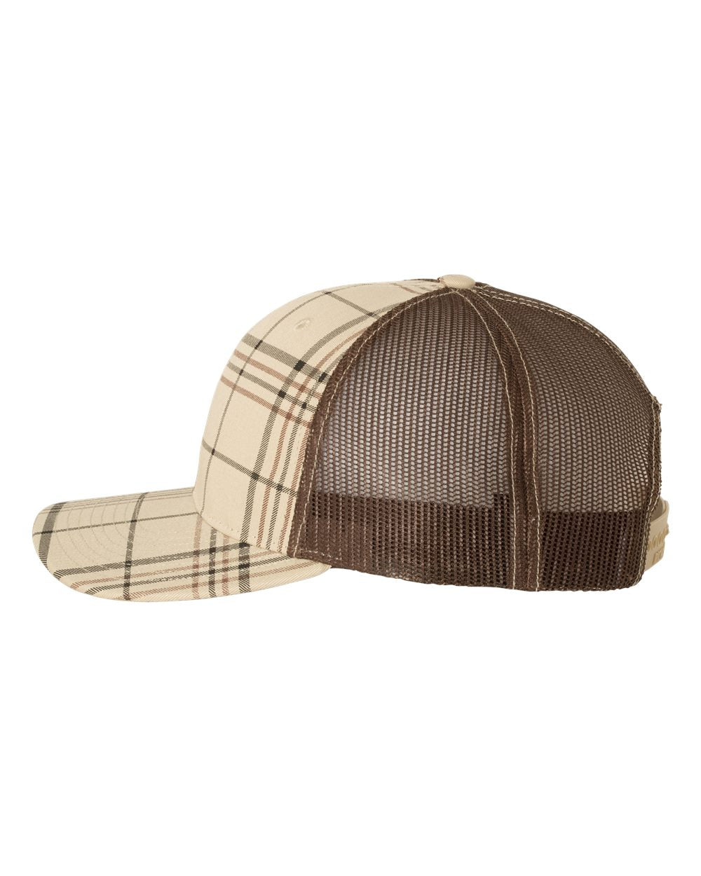 Plaid Print Khaki, Black and Brown Color Patterned Snapback Trucker Cap Side View