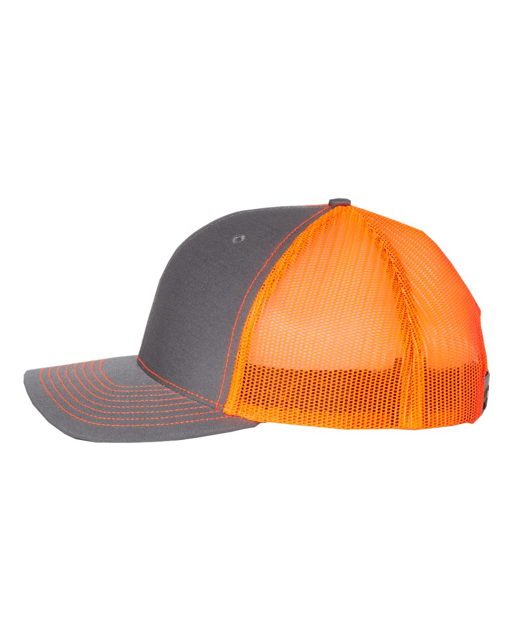 Richardson Adjustable Snapback Trucker Cap 112 Charcoal and Neon Orange Color Adjustable Snapback Trucker Cap Side View
