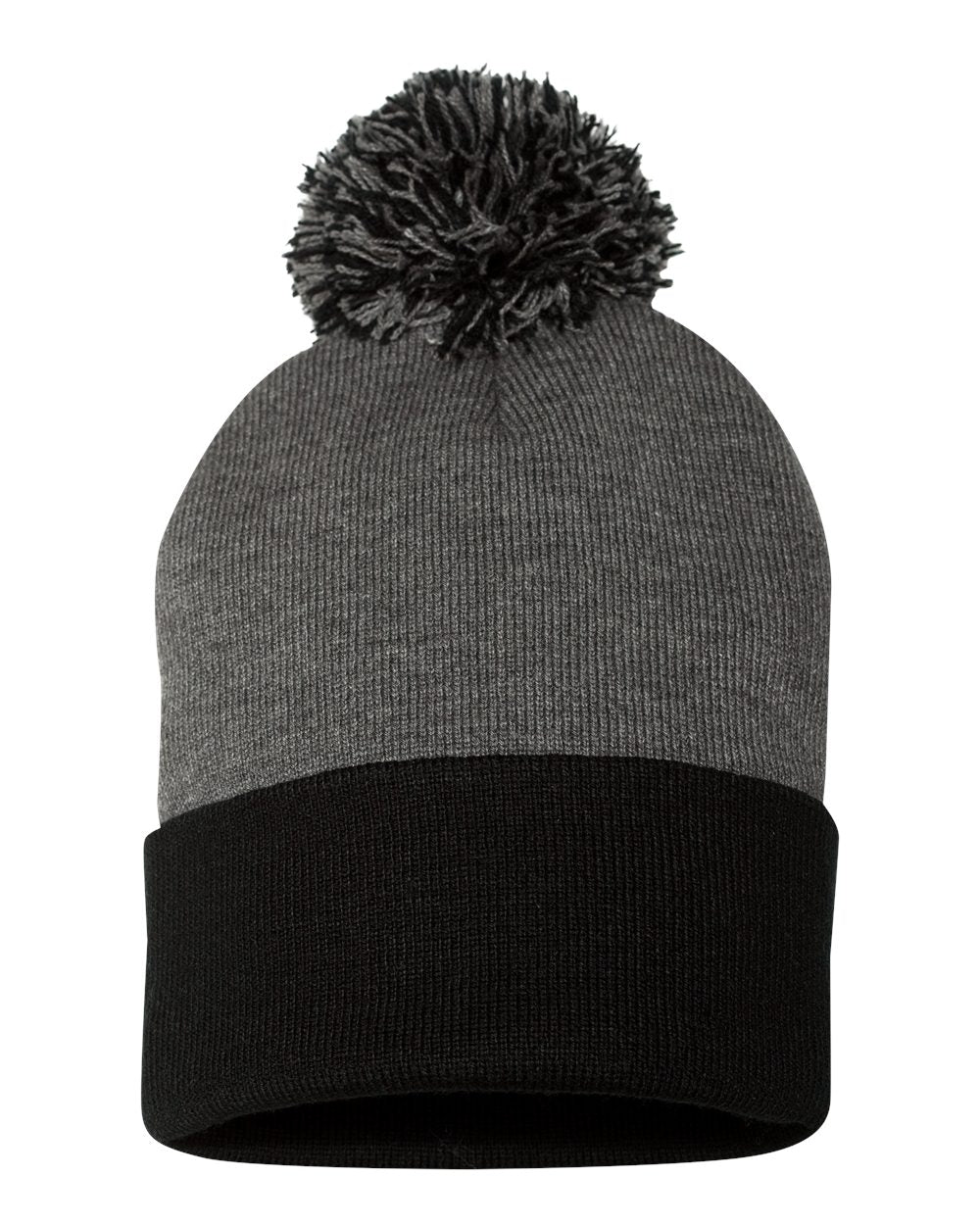 Dark Heather Grey, Black Color Pom-Pom 12" Knit Beanie