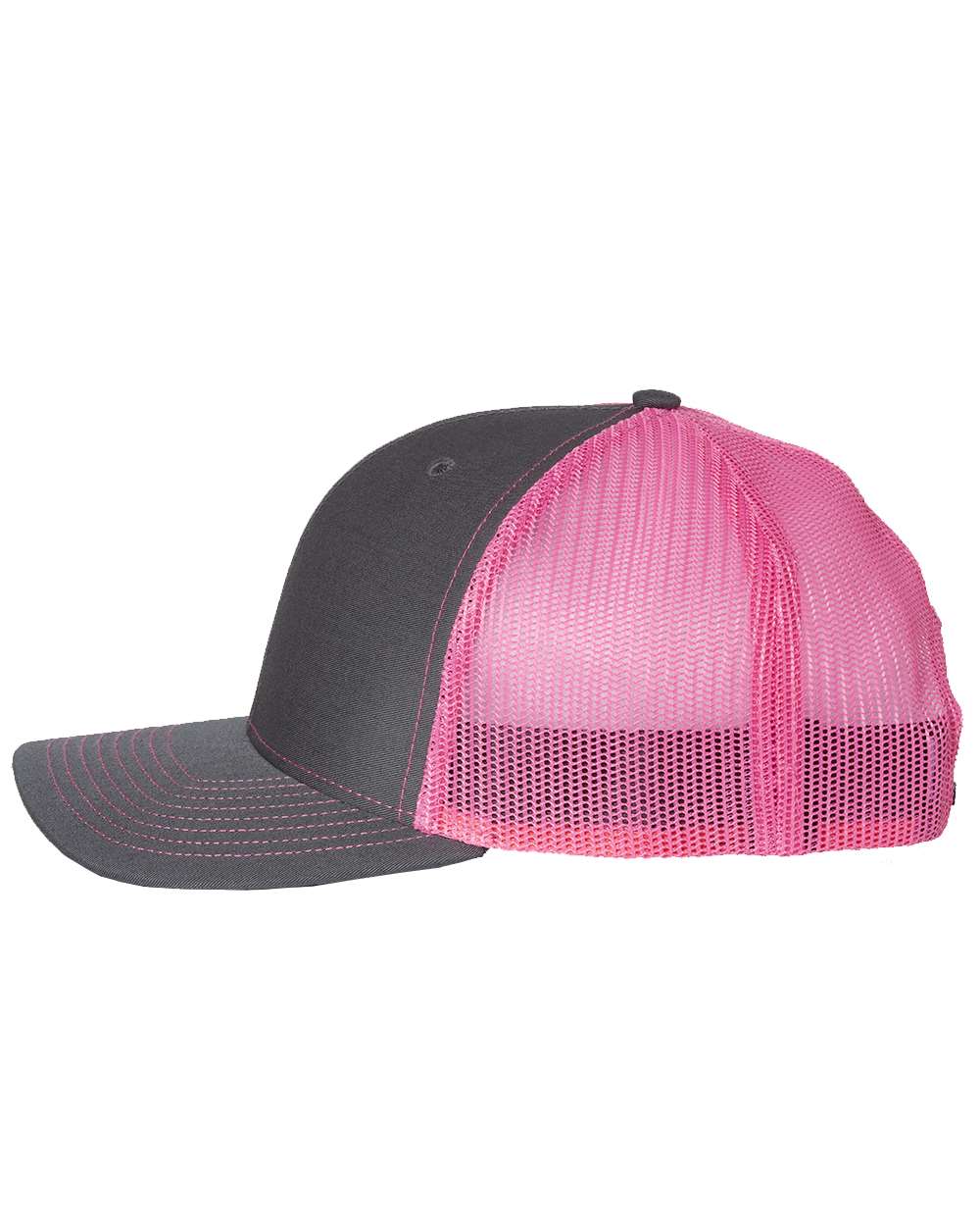 Richardson Adjustable Snapback Trucker Cap 112 Charcoal and Neon Pink Color Adjustable Snapback Trucker Cap Side View