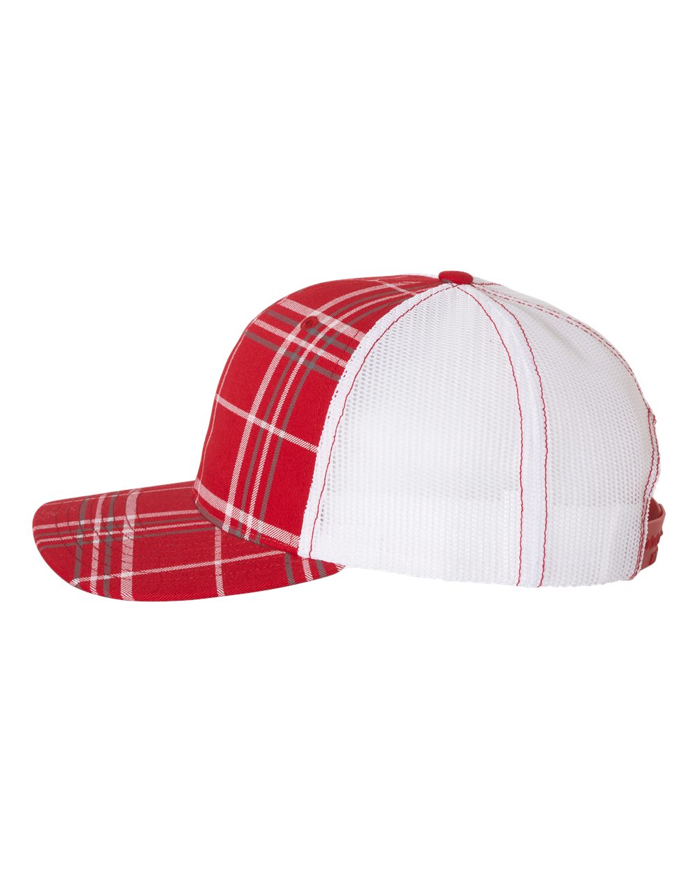 Plaid Print Red, Charcoal and White Color Patterned Snapback Trucker Cap Side View