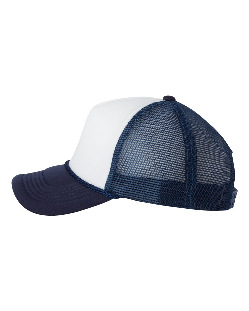 White and Navy Color Mesh-Back Trucker Cap Side View