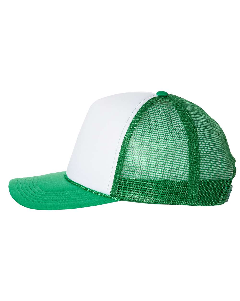 White and Kelly Color Mesh-Back Trucker Cap Side View
