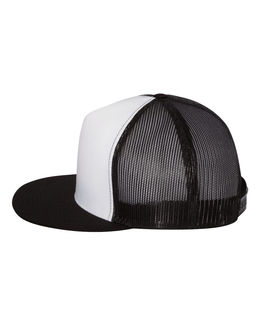Black, White and Black Color Flat Bill Trucker Cap Side View