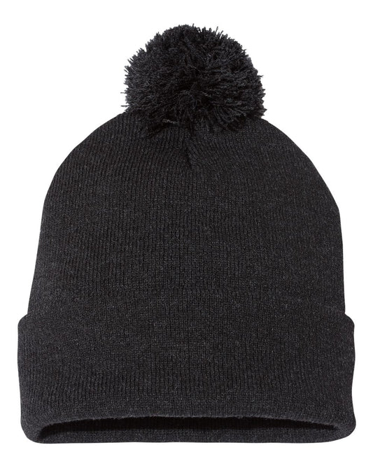 Heather Charcoal Color Pom-Pom 12" Knit Beanie