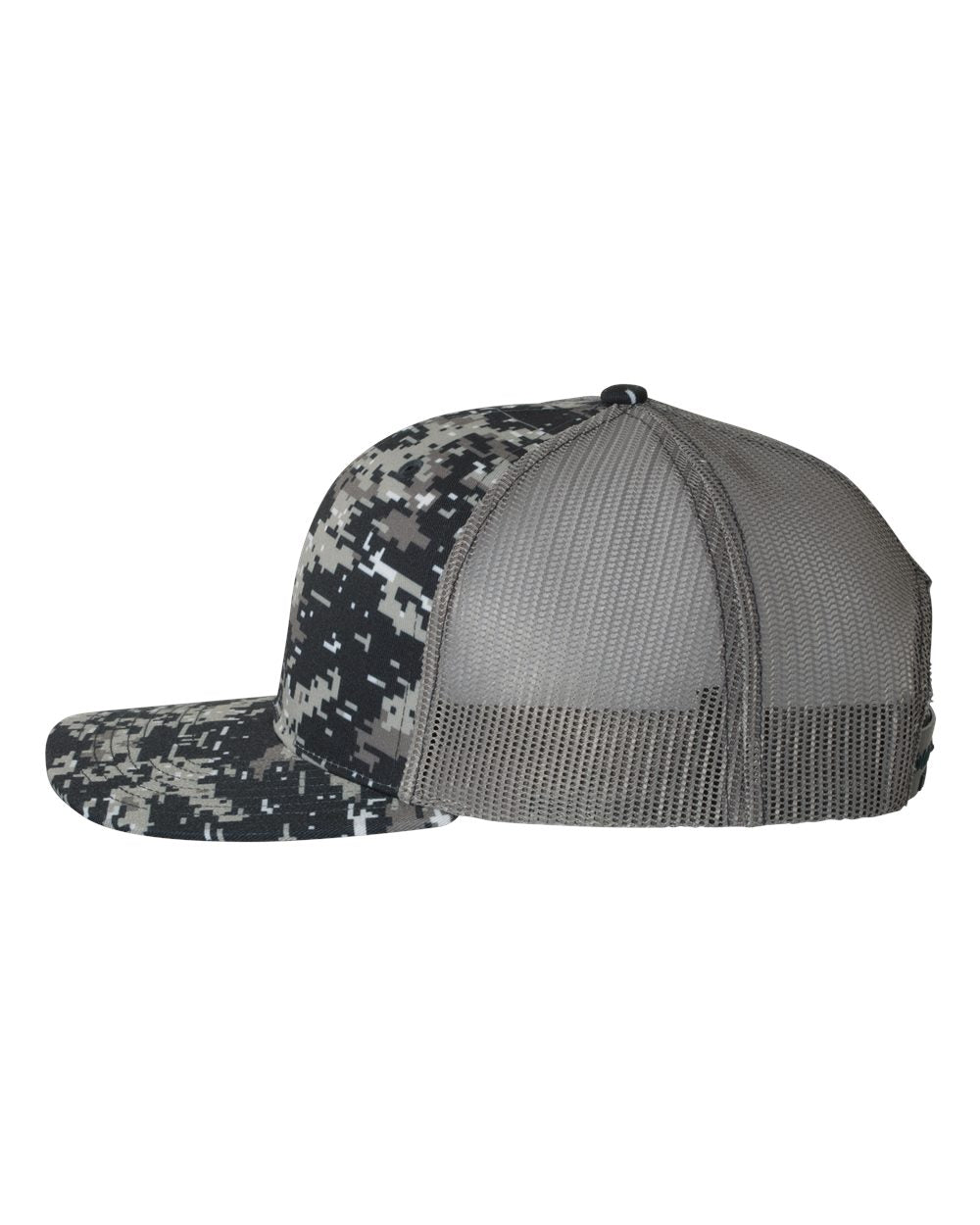 Navy Digital Camo and Charcoal Color Patterned Snapback Trucker Cap Side View