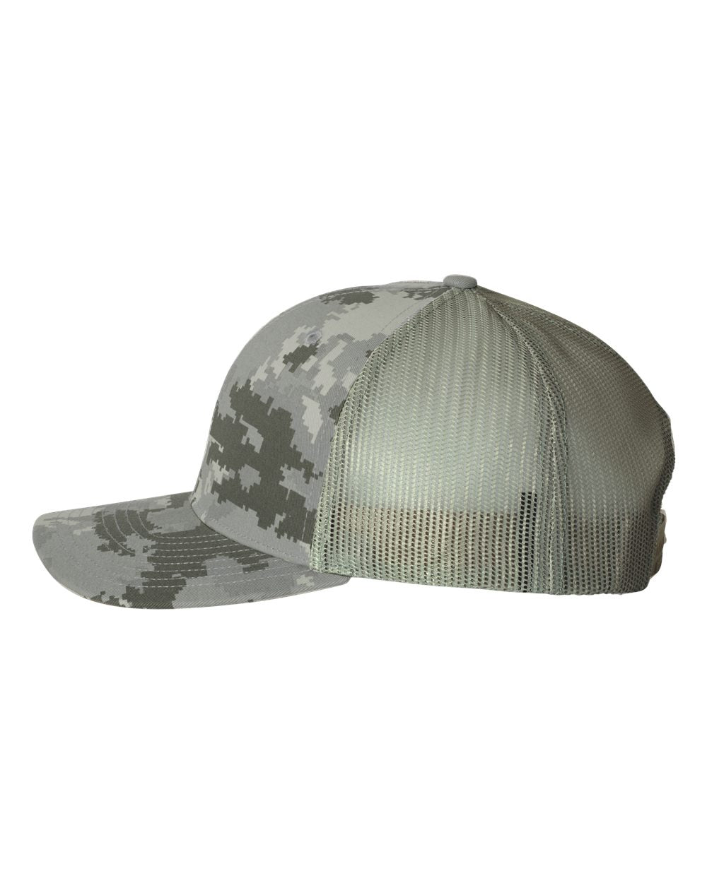 Military Digital Camo and Light Green Color Patterned Snapback Trucker Cap Side View