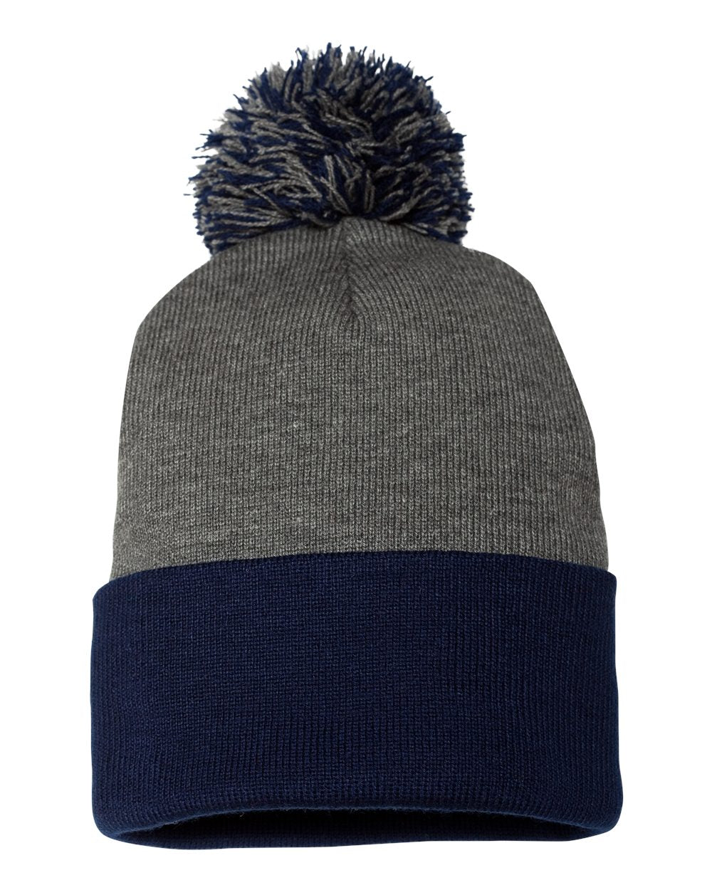 Dark Heather Grey, Navy Color Pom-Pom 12" Knit Beanie