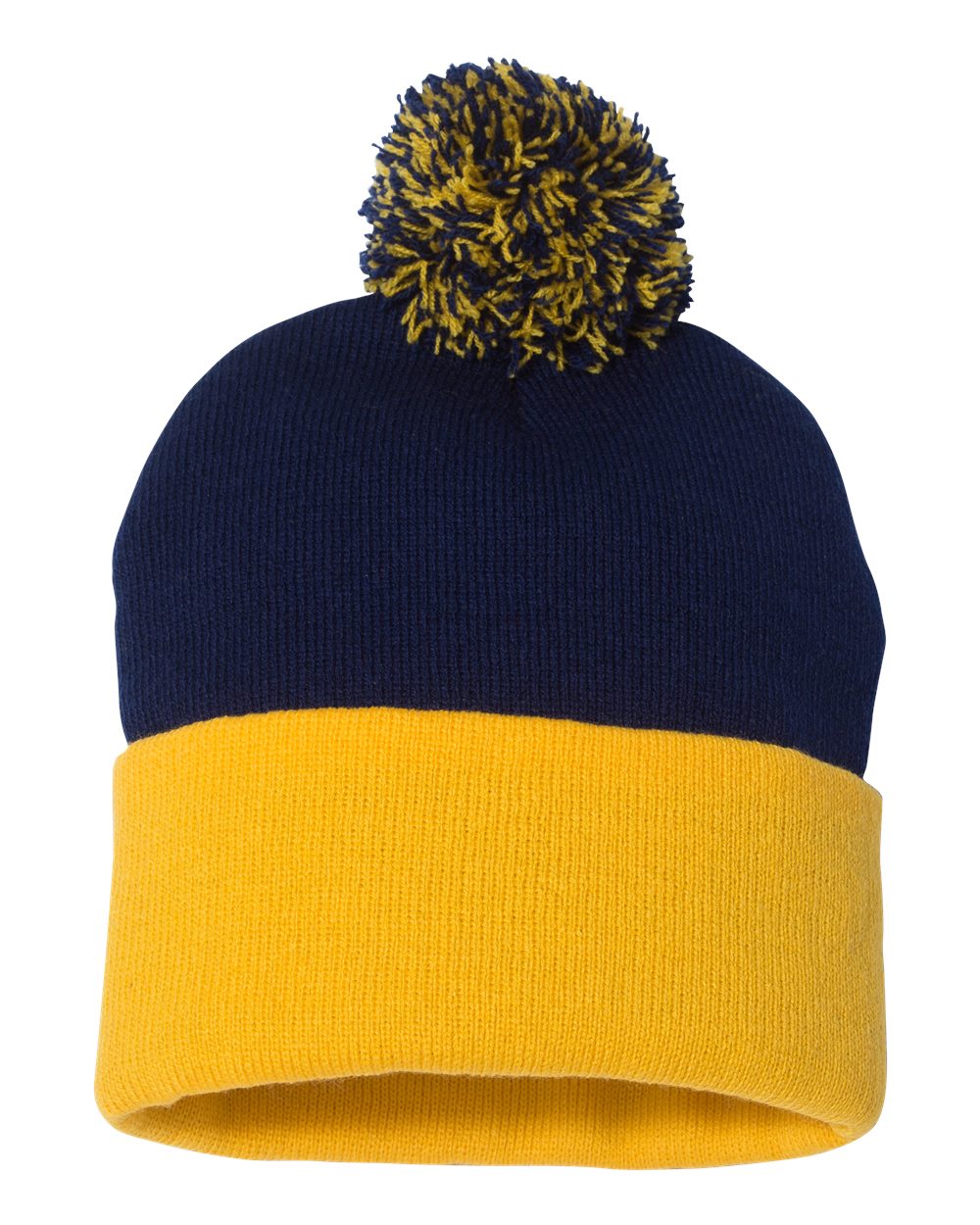 Navy and Gold Color Pom-Pom 12" Knit Beanie