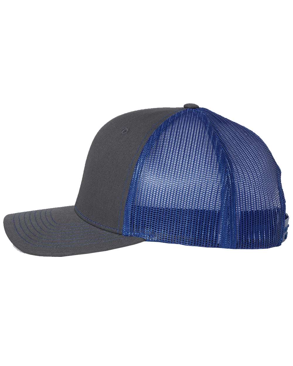 Charcoal and Royal Color Adjustable Snapback Trucker Cap Side View