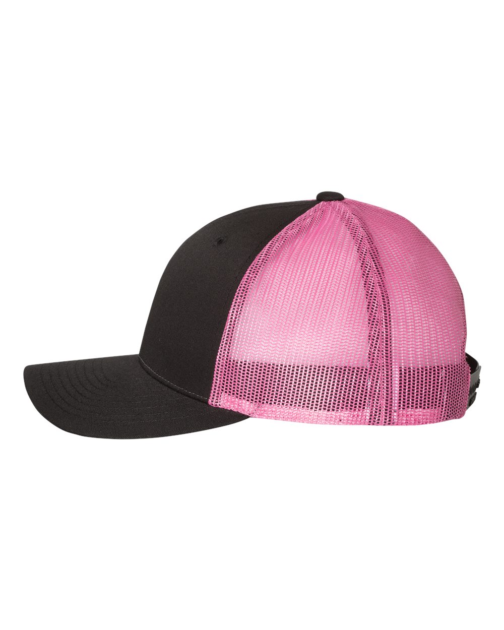 Black and Neon Pink Color Richardson Low Pro Trucker Cap Side View