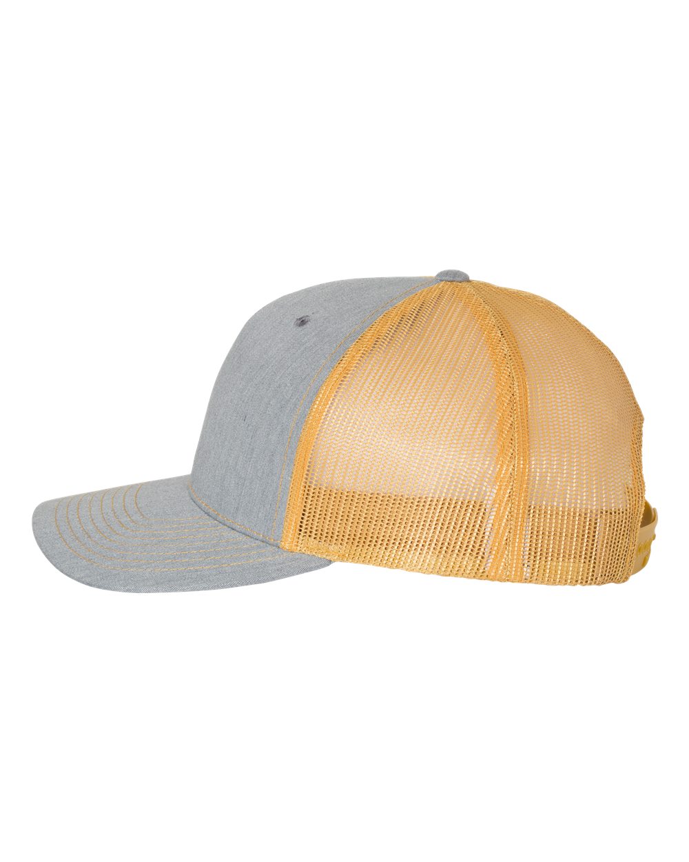 Heather Grey and Amber Gold Color Five-Panel Trucker Cap Side View