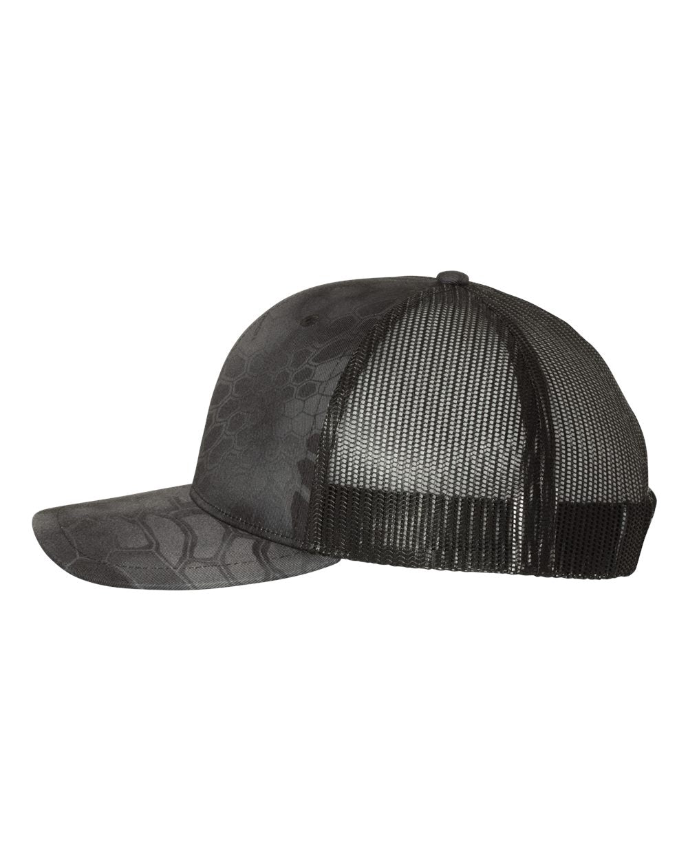 Kryptek Typhon and Black Patterned Snapback Trucker Cap Side View
