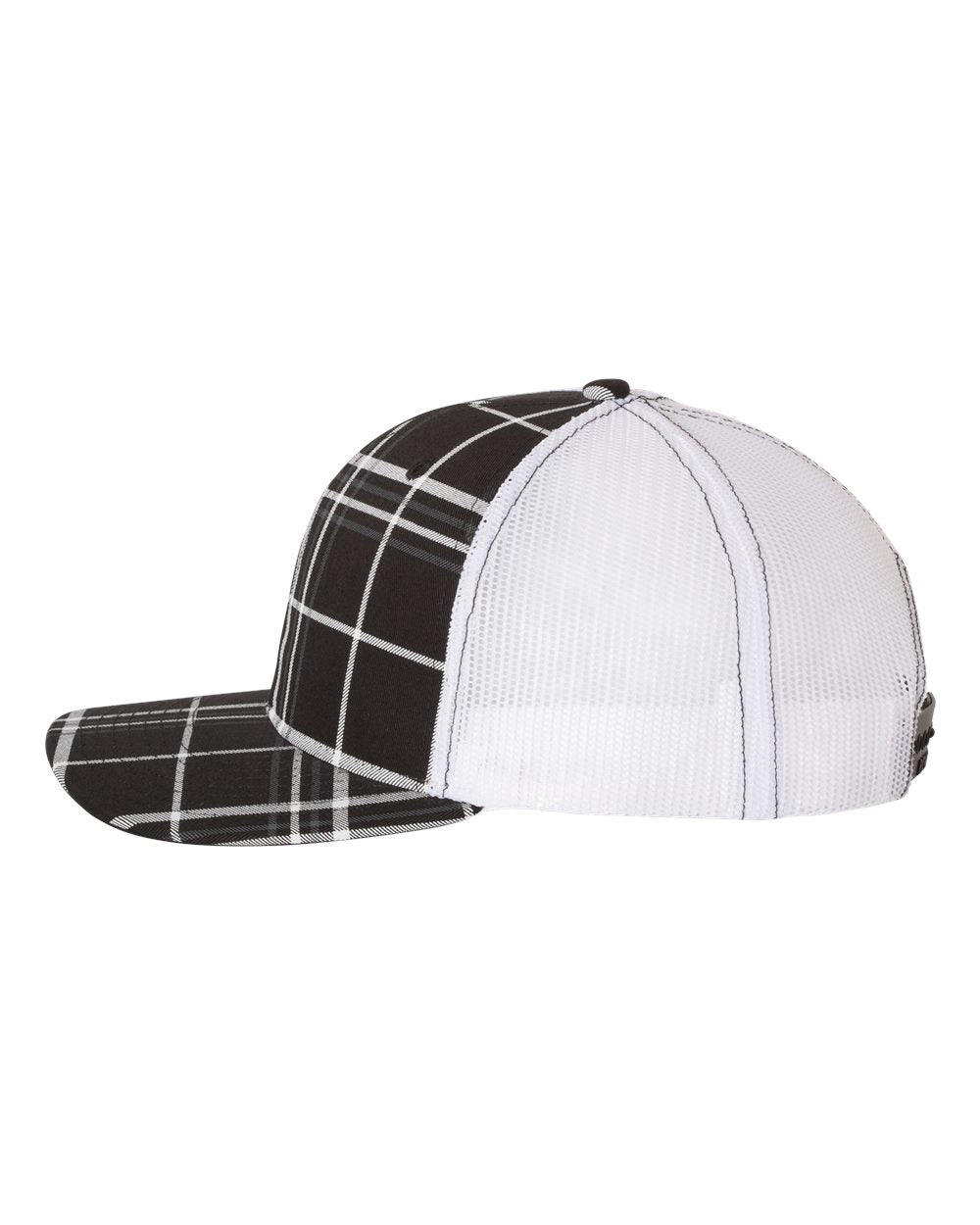 Plaid Print Black, Charcoal and White Color Patterned Snapback Trucker Cap Side View