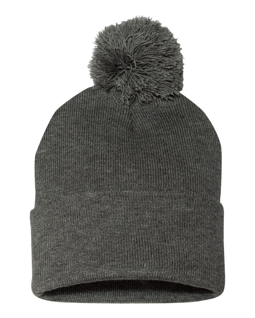 Dark Heather Grey Color Pom-Pom 12" Knit Beanie