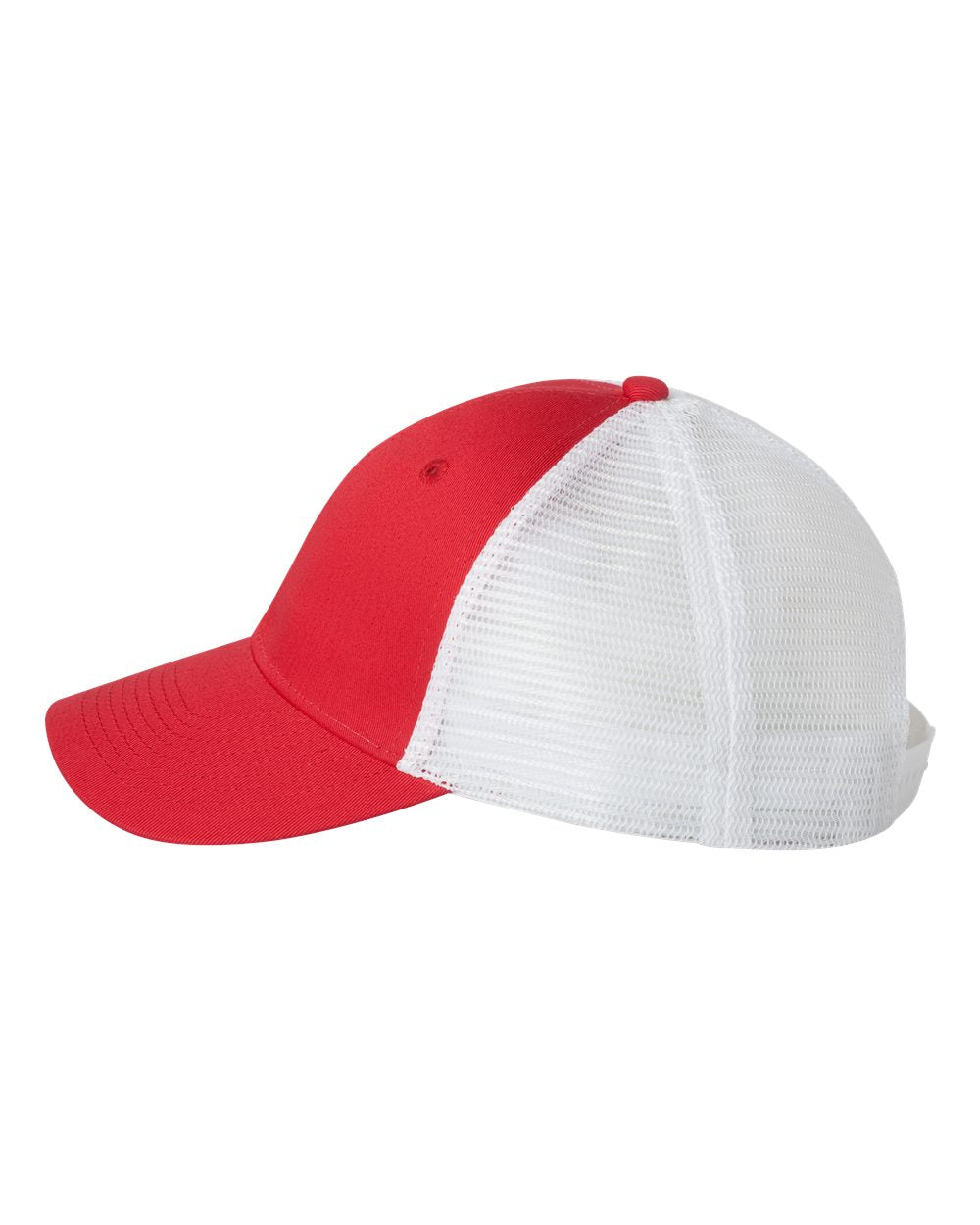 Red and White Color Valucap Mesh-Back Trucker Cap Side View