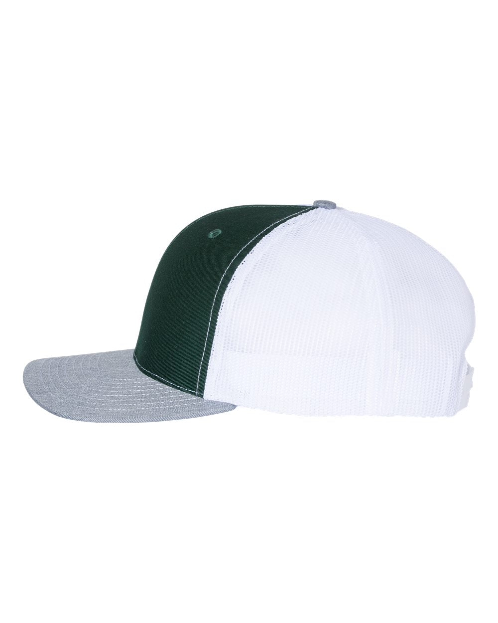 Dark Green, White, and Heather Grey Color Adjustable Snapback Trucker Cap Side View