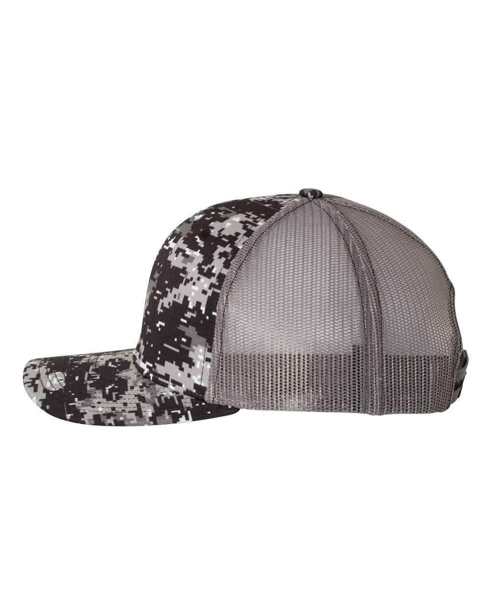 Black Digital Camo and Charcoal Patterned Snapback Trucker Cap Side View