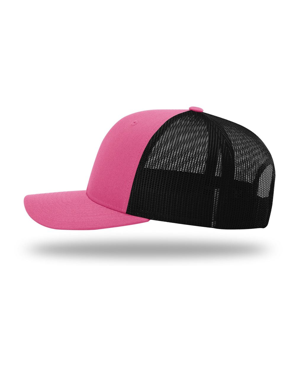 Hot Pink and Black Color Richardson Low Pro Trucker Cap Side View