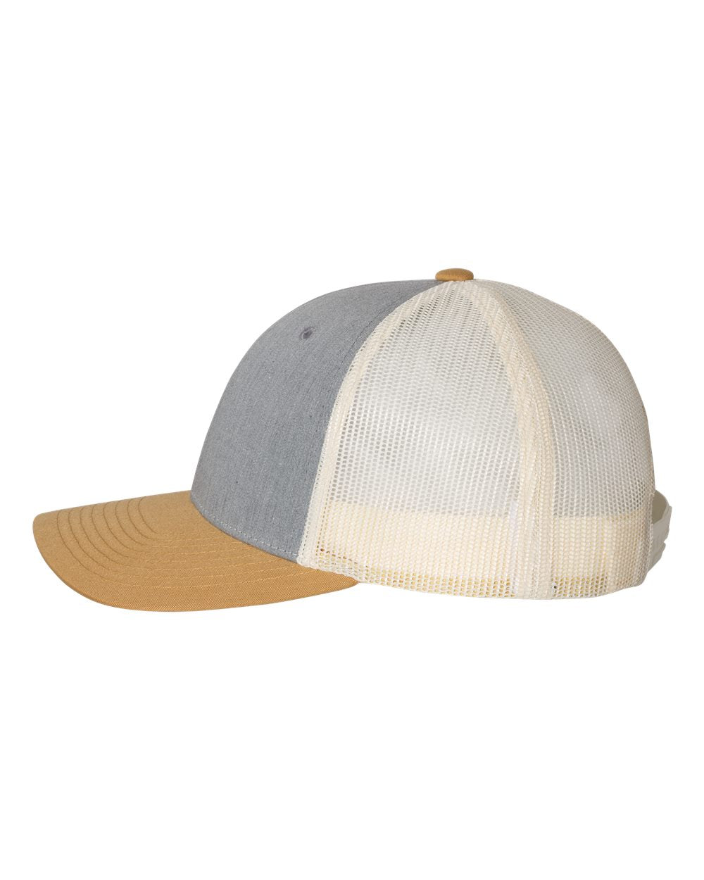 Heather Grey, Birch and Amber Gold Color Richardson Low Pro Trucker Cap Side View