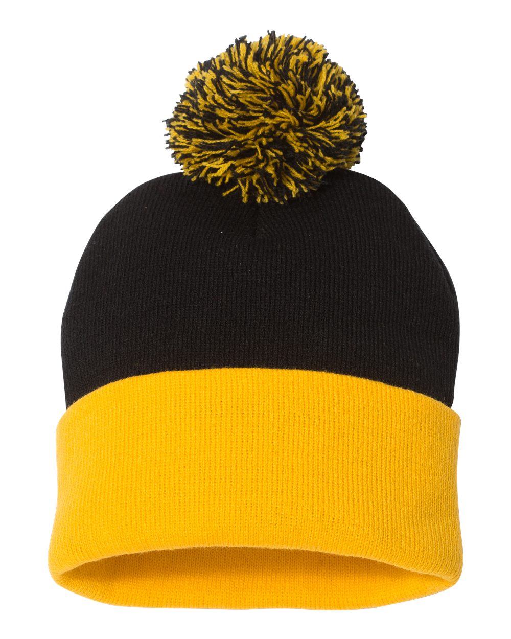Black and Gold Color Sportsman Pom-Pom 12" Knit Beanie