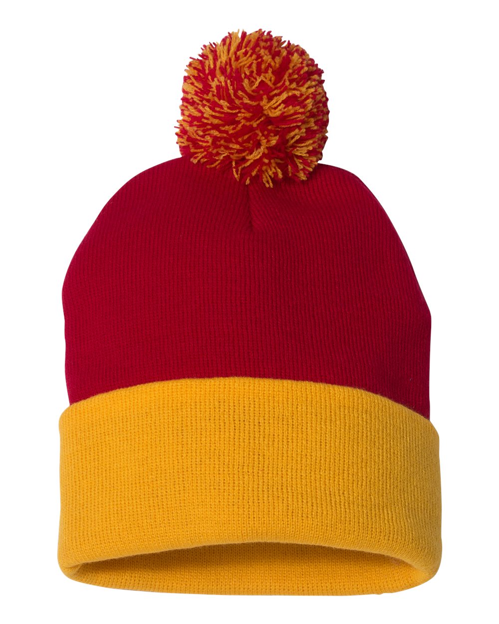 Red and Gold Color Pom-Pom 12" Knit Beanie