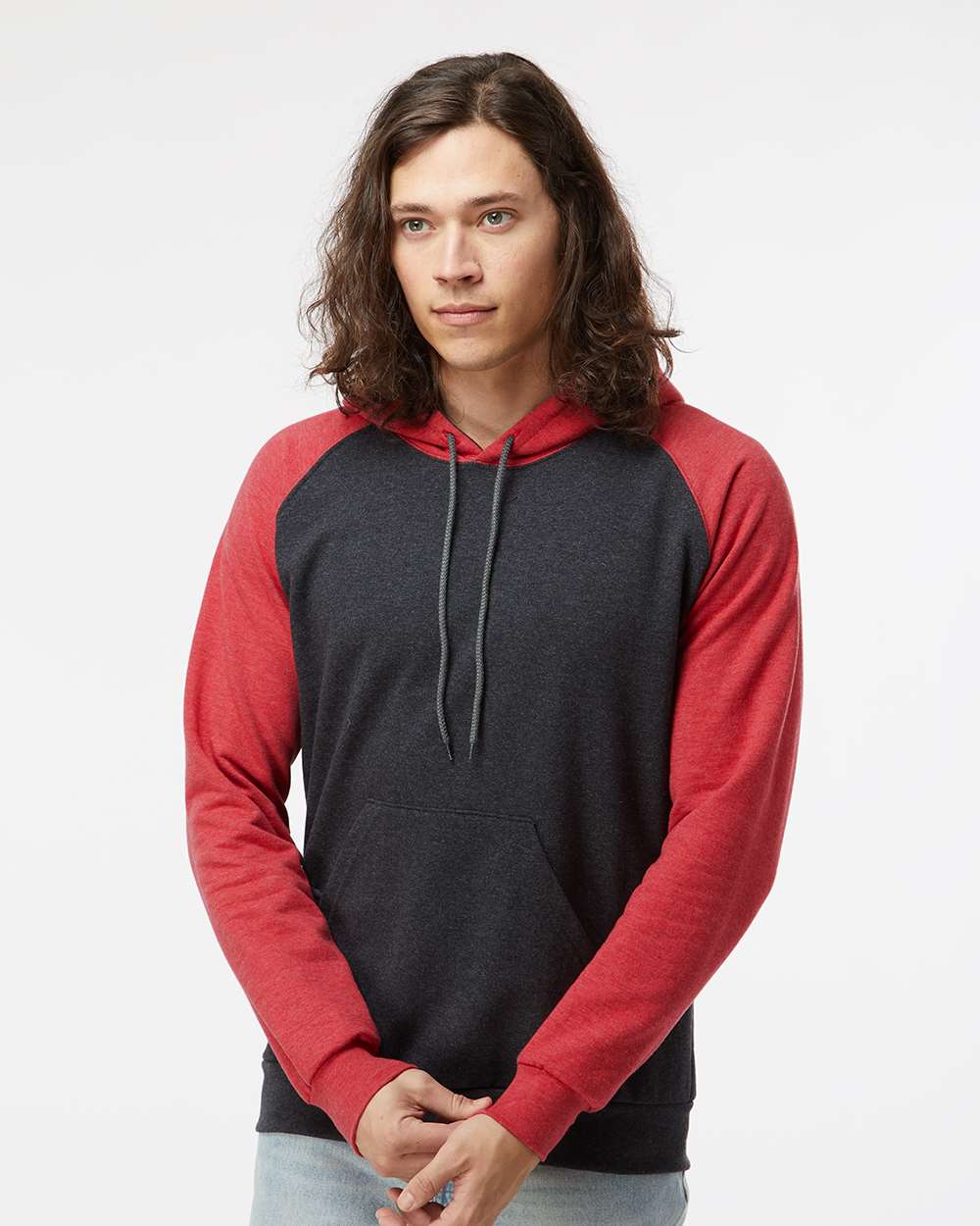 King Fashion Fleece Raglan Hooded Sweatshirt KF4042 #colormdl_Dark Charcoal/ Heather Red