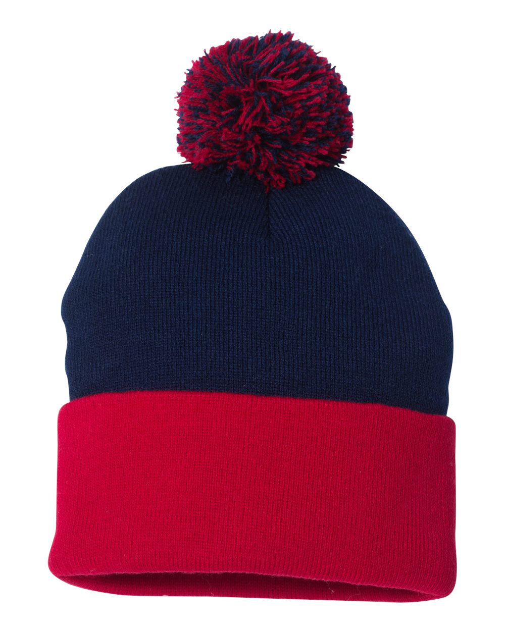 Navy and Red Color Pom-Pom 12" Knit Beanie